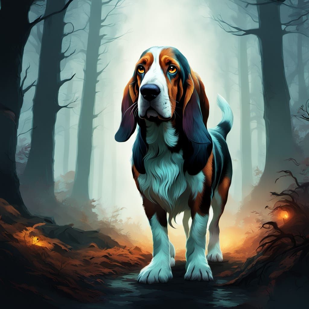 Spectral Basset Hound in Eerie Forest Concept Art