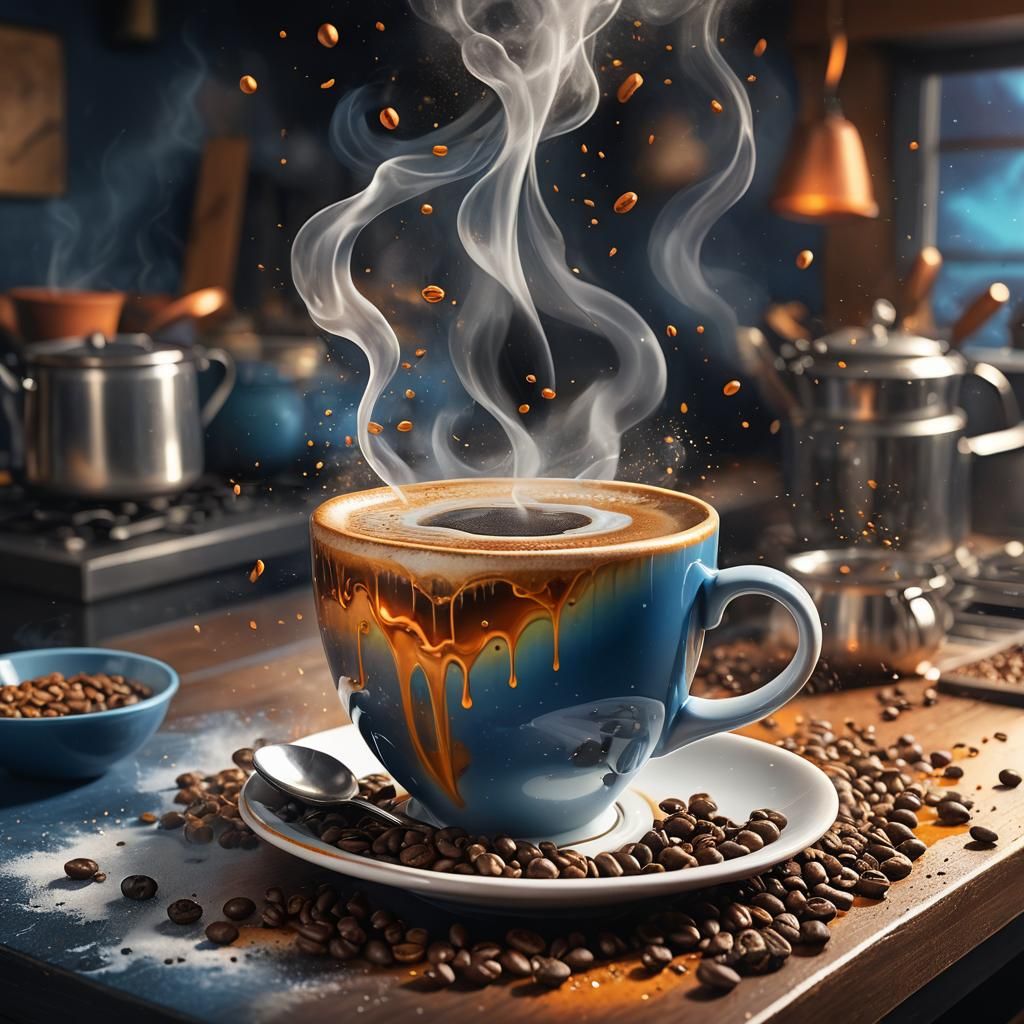 Steaming Coffee Cup Surrounded by Floating Coffee Beans
