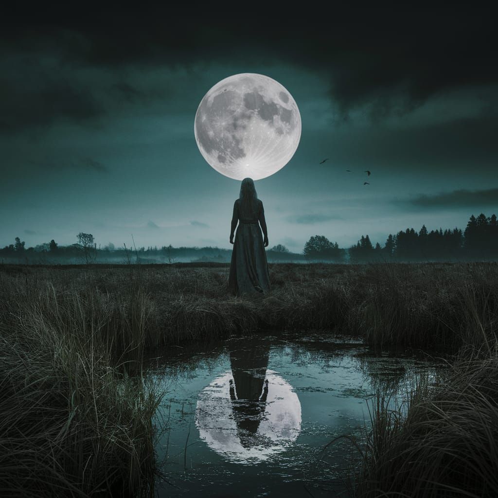 Lone Goddess in Moonlit Bog Cinematic Horror