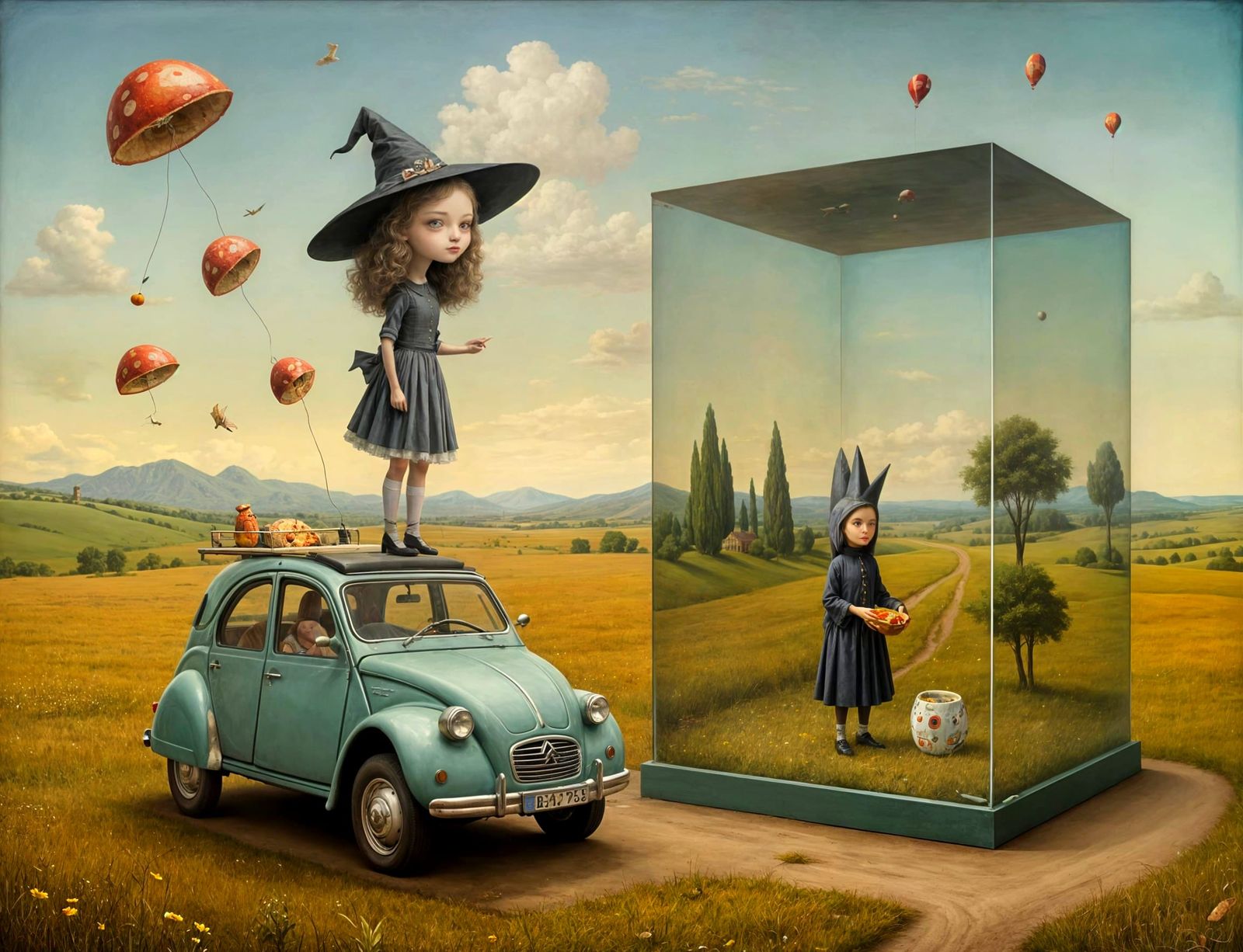 a surreal landscape, a large glazed glass cube within it, and the cube is filled with another surreal landscape. pop-sur...