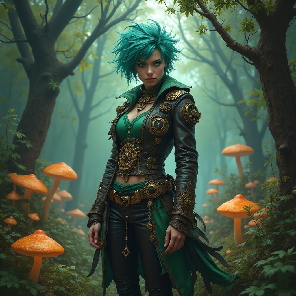 Dieselpunk Enchantress in Forest, Art Nouveau Style