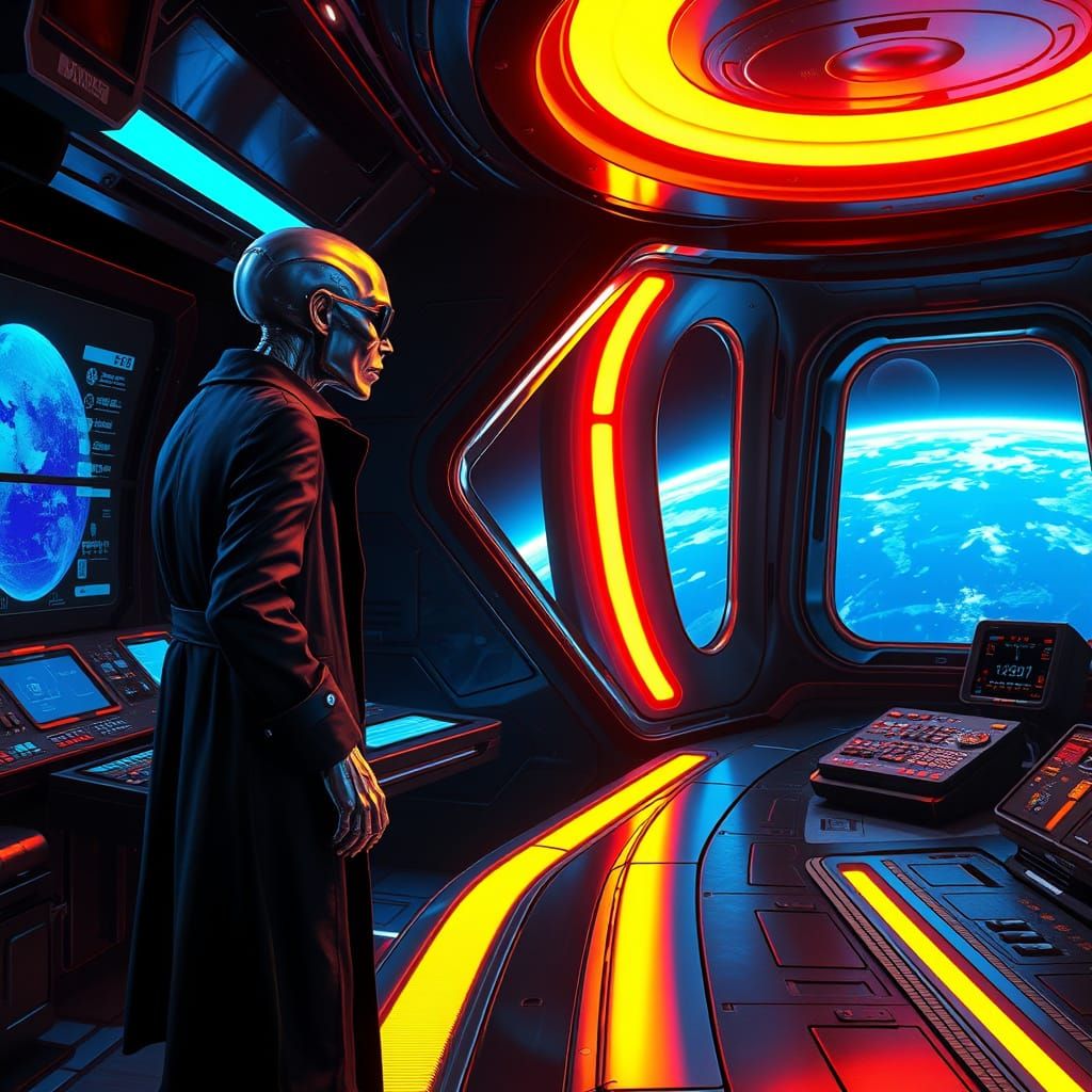 Cyberpunk Alien Stands in Futuristic Control Room