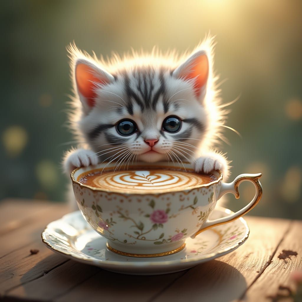 Enchanted Morning with Whimsical Kitten and Coffee