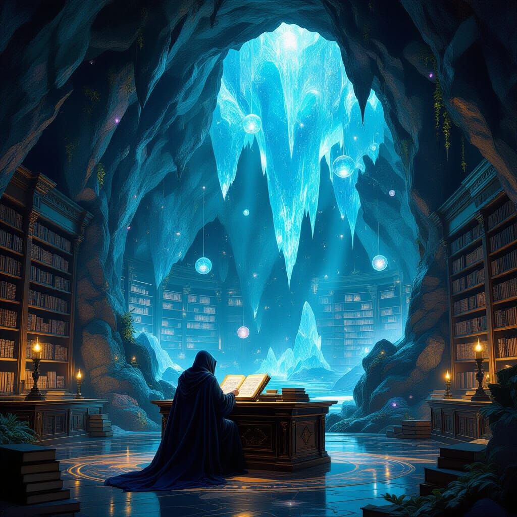 Ancient Crystal Cave Library with Ethereal Light