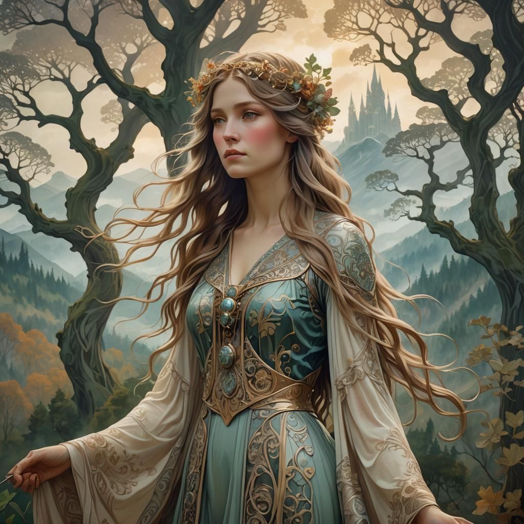 Art Nouveau Woman in Dreamlike Landscape