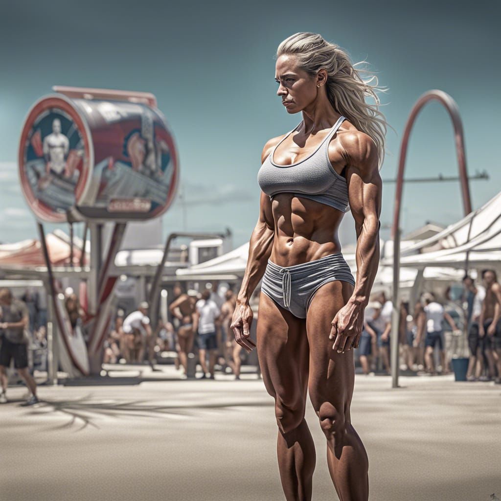 Female Bodybuilder Posing at Muscle Beach