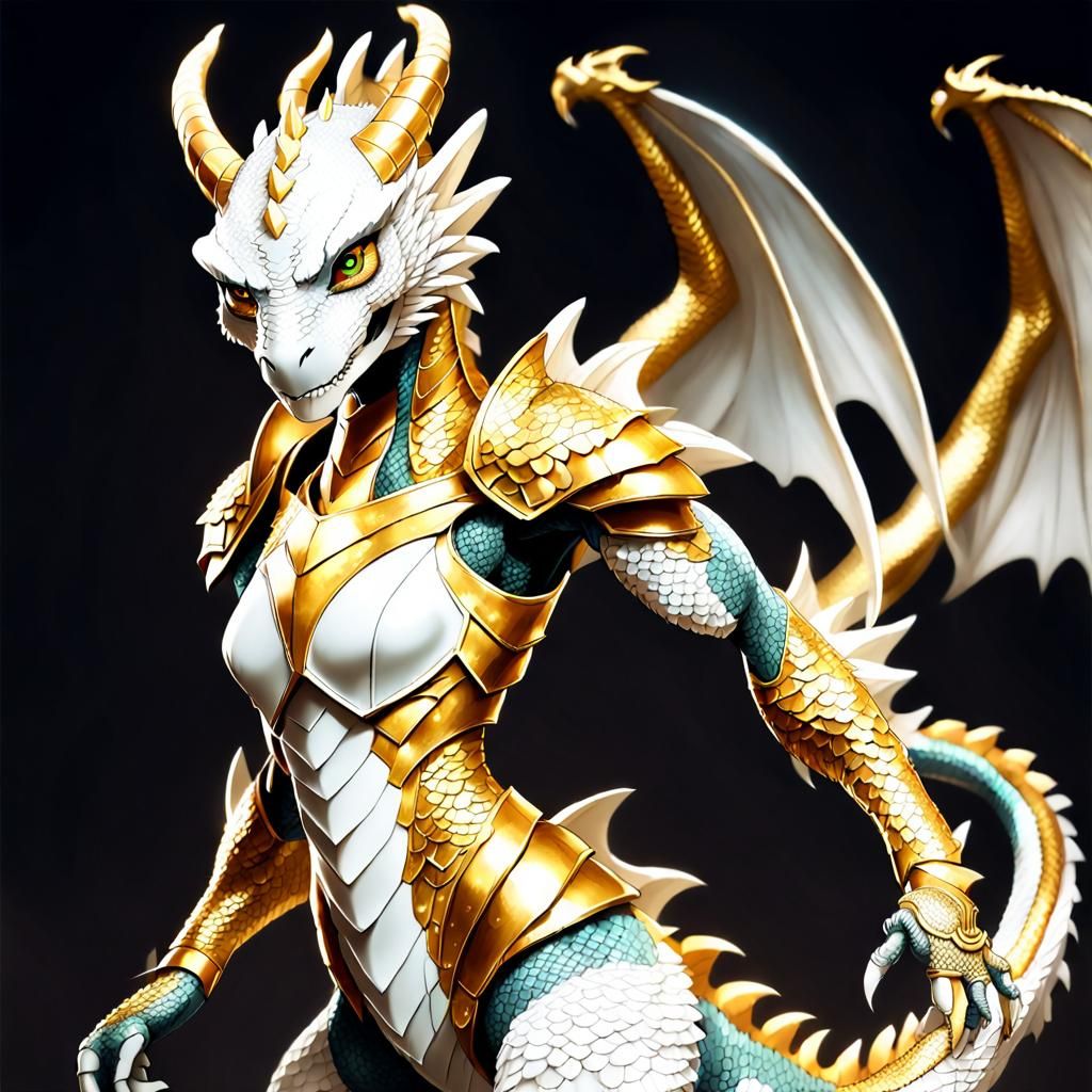 Golden Scaled Dragon Woman in Anime Style
