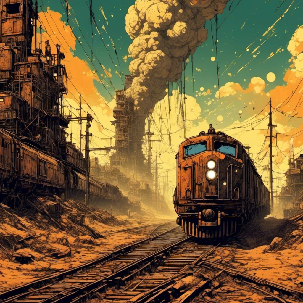 Dieselpunk Freight Train in Desert Wasteland