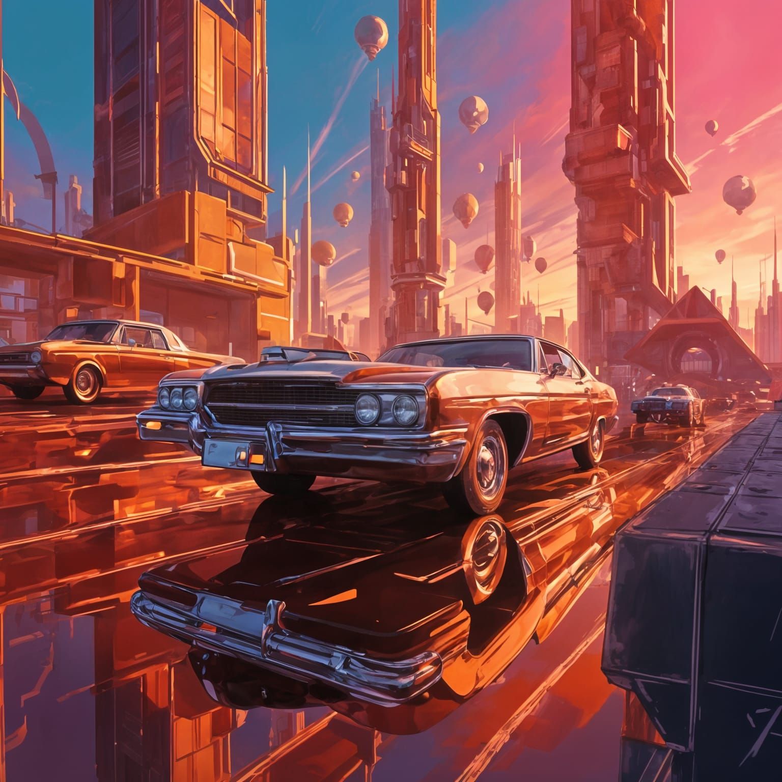 Retro Atomicpunk Cityscape with Chrome Rockets