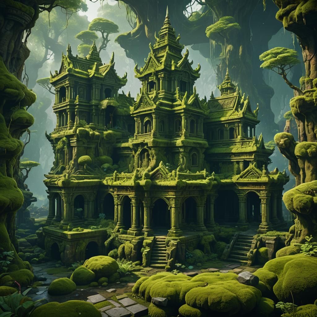 Green Moss Temple: Detailed Matte Painting