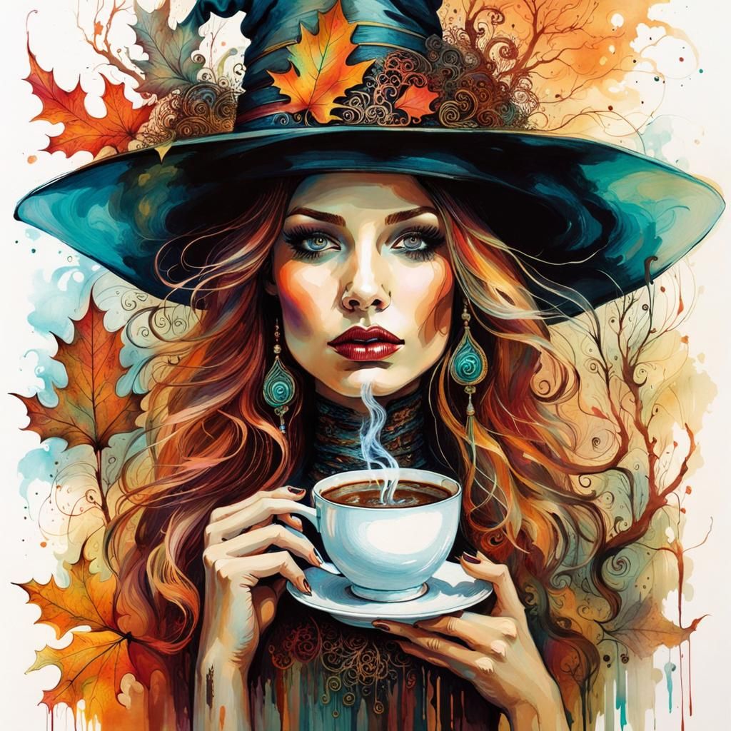 Ancient Autumn Witch Drinking Coffee in Surrealist Style