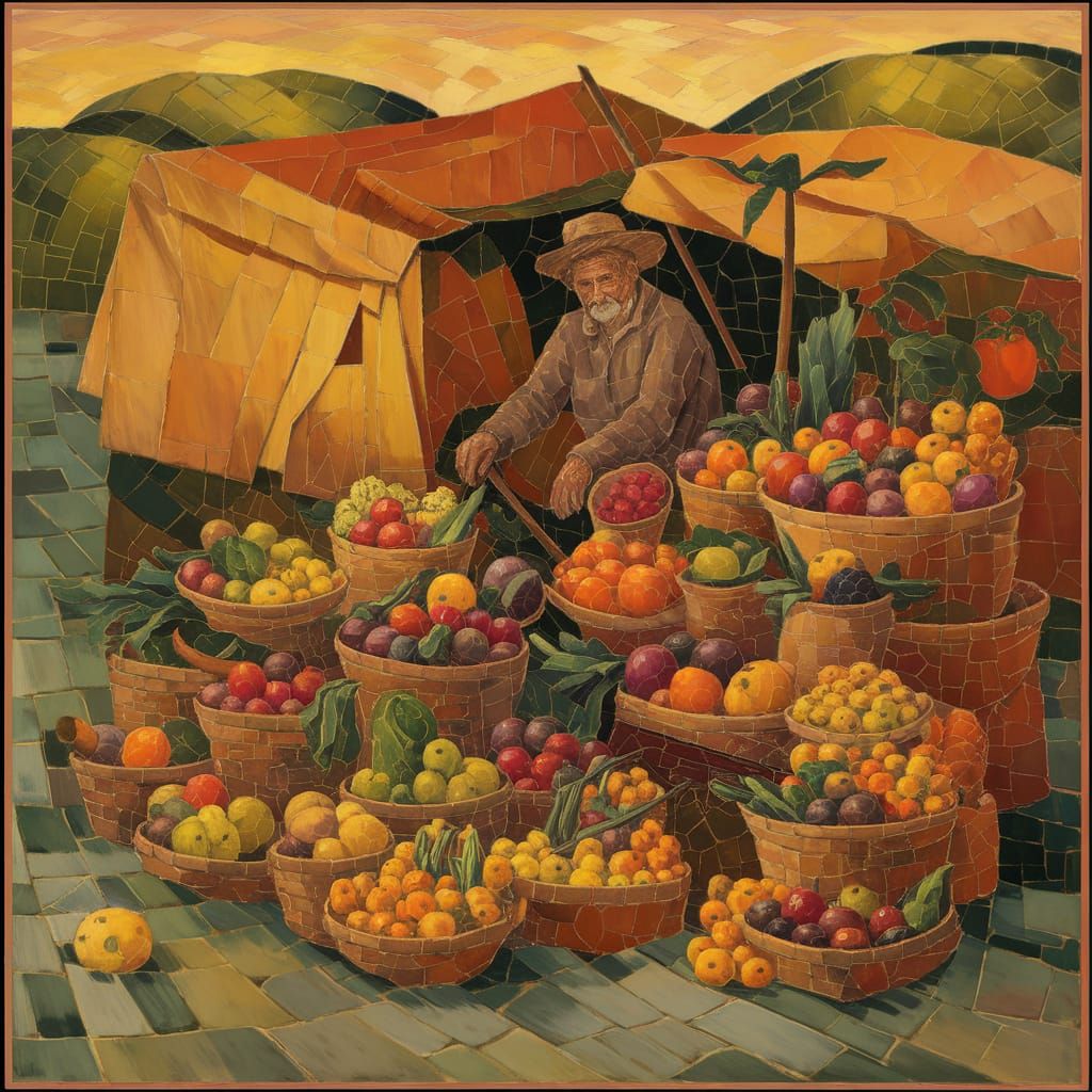 Cubist Farmer Portrait at Roadside Market