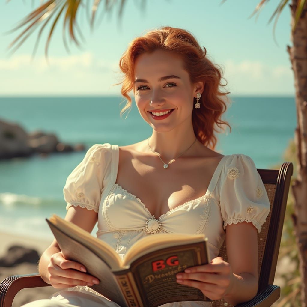 Uma linda mulher de aparência nobre, usa colar com pingente escrito "BG", cerca de 30 anos lendo uma revista antiga escr...