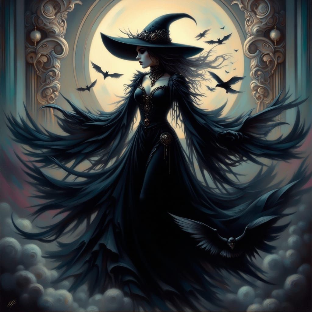 Wicked Witch in Dramatic Satin Cape with Bats and Raven