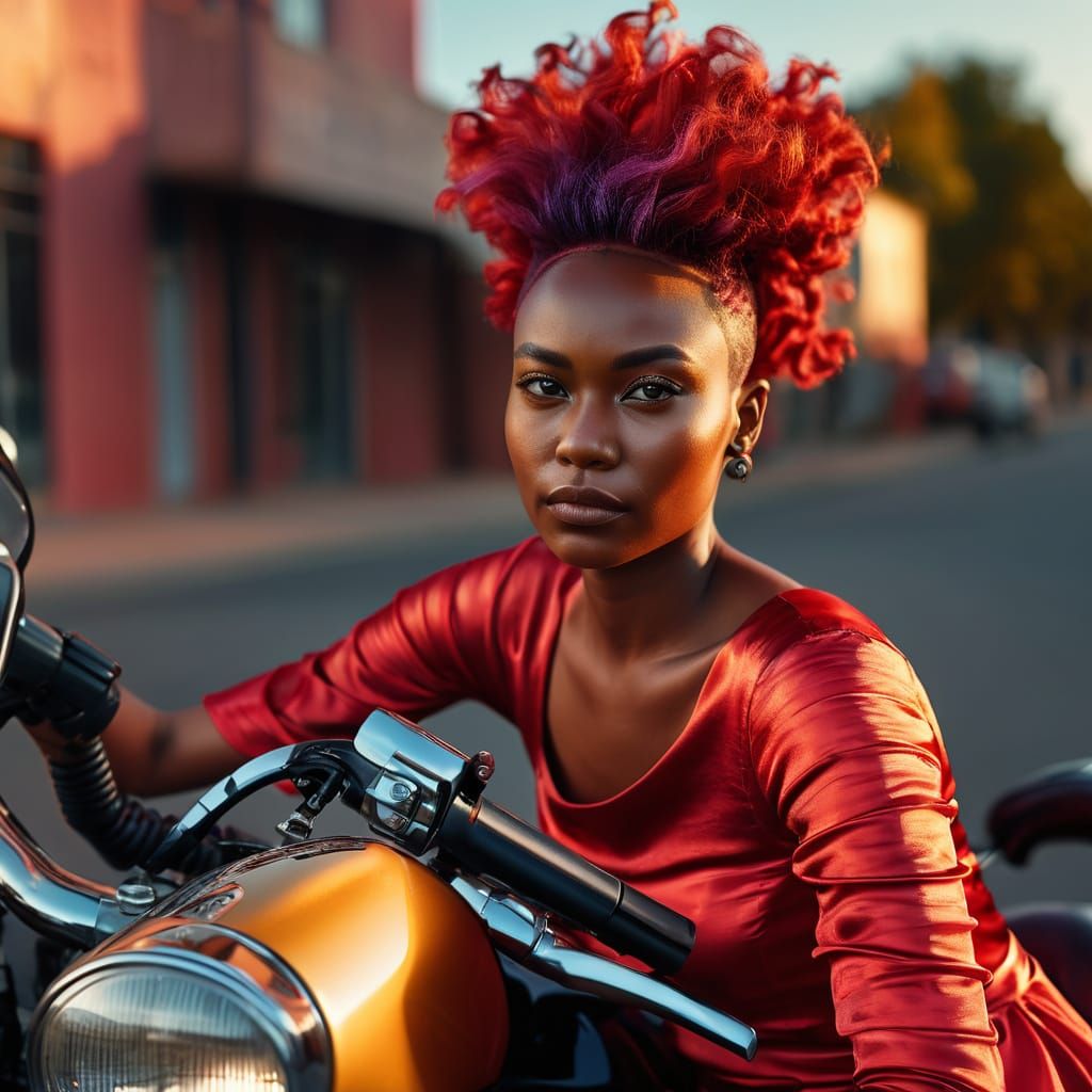 Woman in Red Dress on Motorcycle Portrait