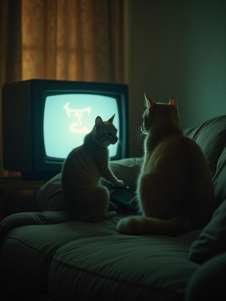 Cat Gamer on Couch in Cinematic Film Still