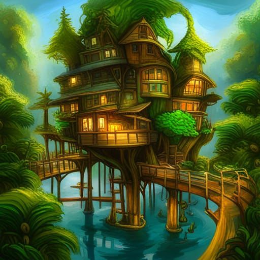 Gigantic Treehouse in Mystical Rainforest: Impasto Painting