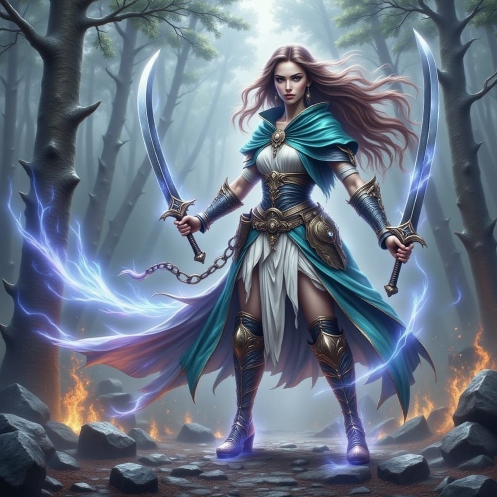 Roguish Goddess Wielding Blades in Misty Battlefield