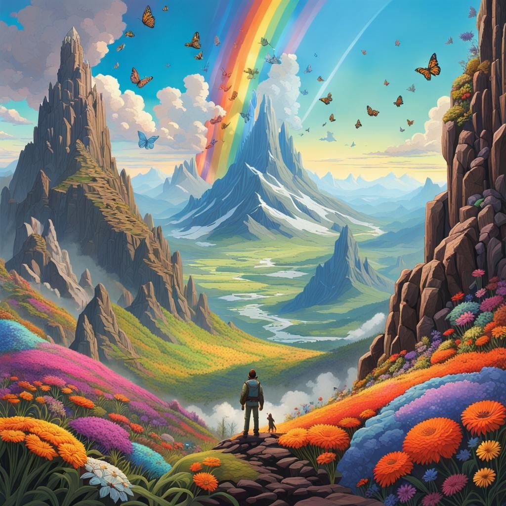 Vibrant Fantasy Art: God on a Mountain Peak