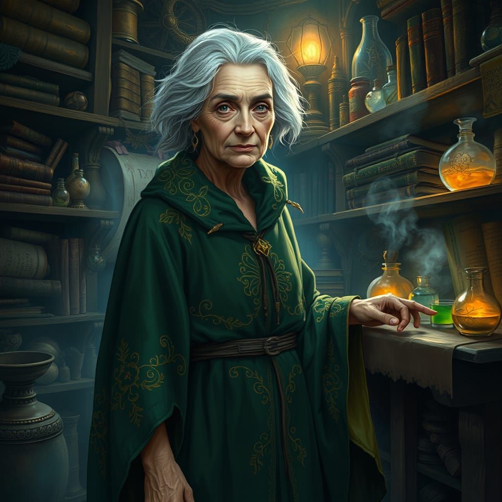 Mystical Potion Master in a Dreamlike Workshop