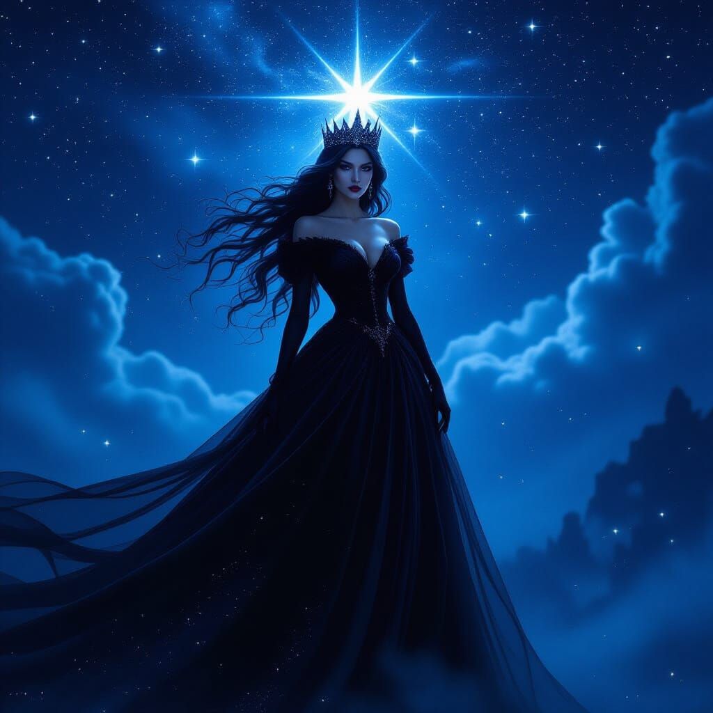 Dark Mystical Queen Under Starry Sky in 8K Fantasy Portrait