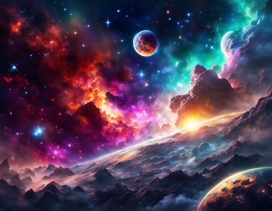 Vibrant Cosmic Landscape of Nebulas and Galaxies