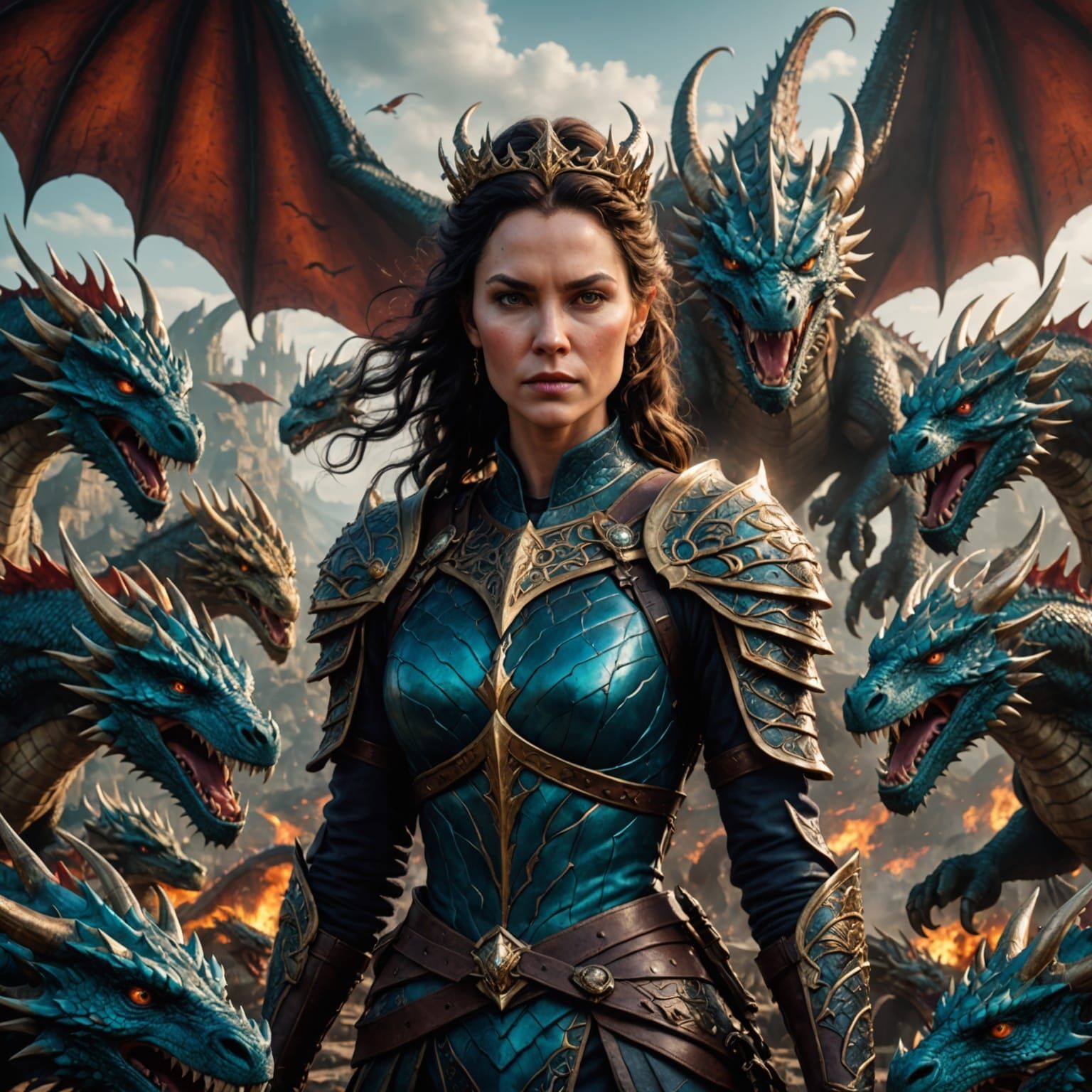 Fantastical Queen Surrounded by Majestic Dragons in Intricat...