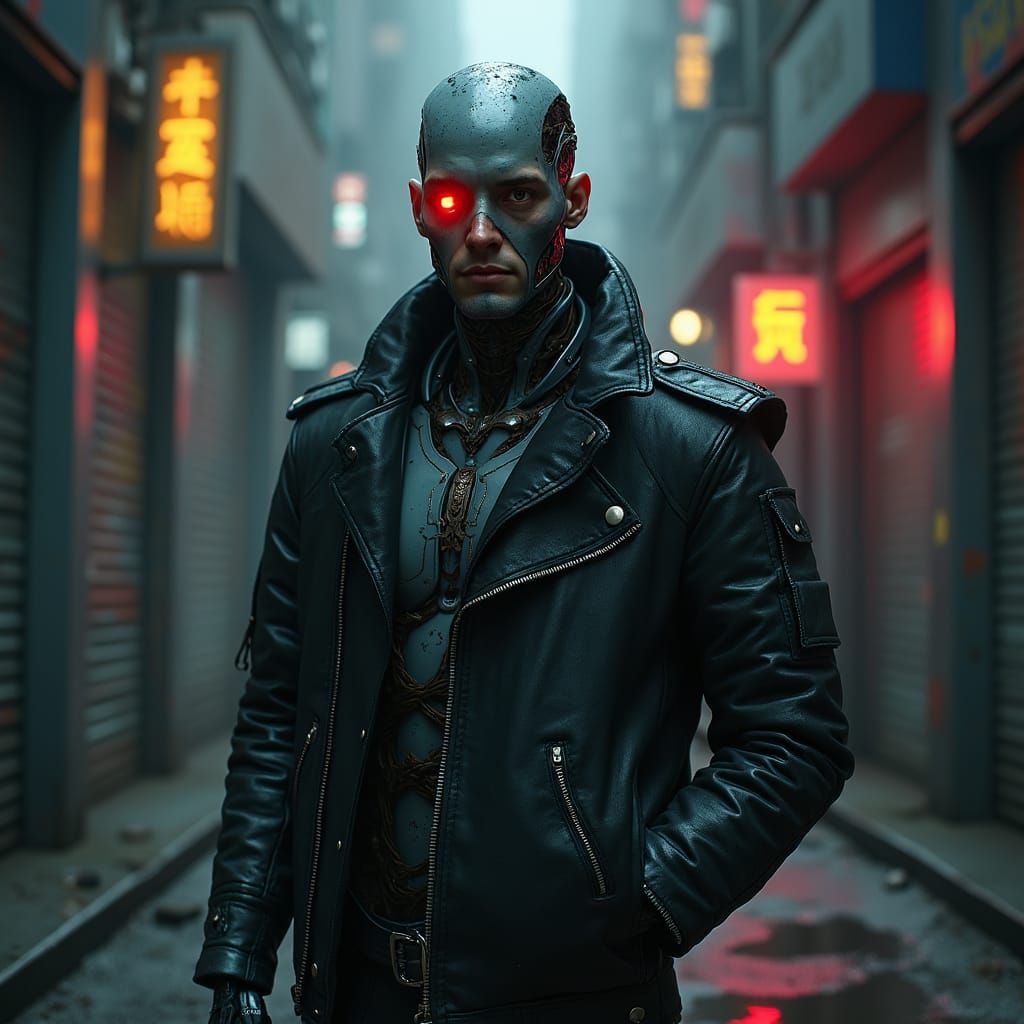 Cyborg with Glowing Eye in Gritty Cyberpunk Alley