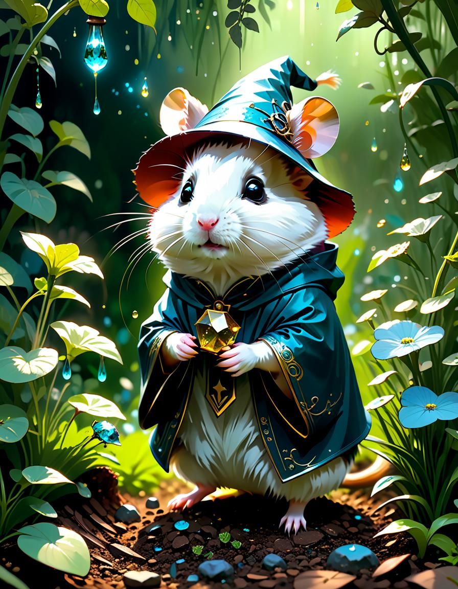 Adorable Hamster Wizard in Garden, Digital Art