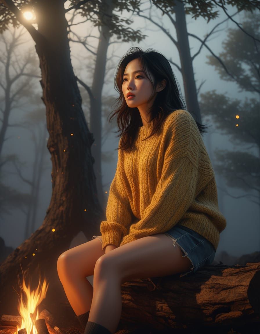Korean Woman by Campfire in Romantic Realism Style