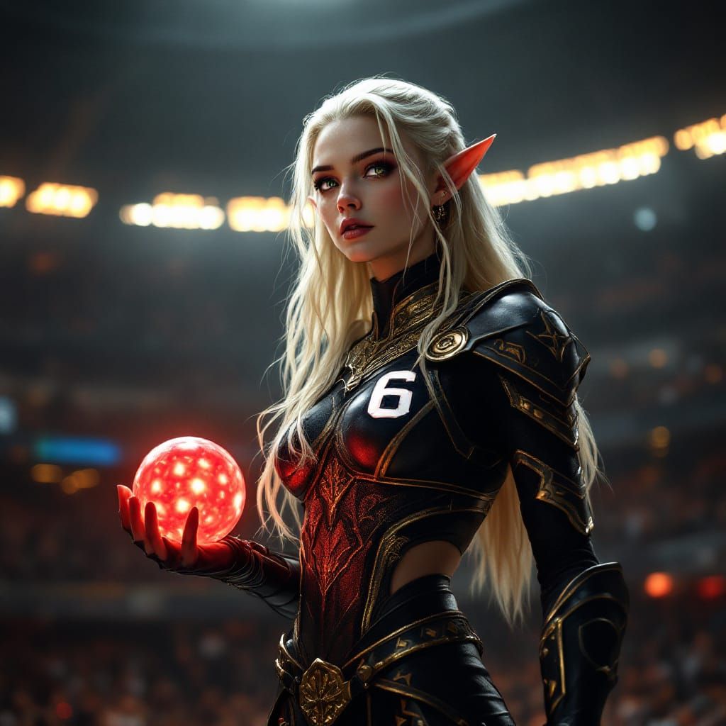 Beautiful Elf Athlete with Glowing Ball in Arena