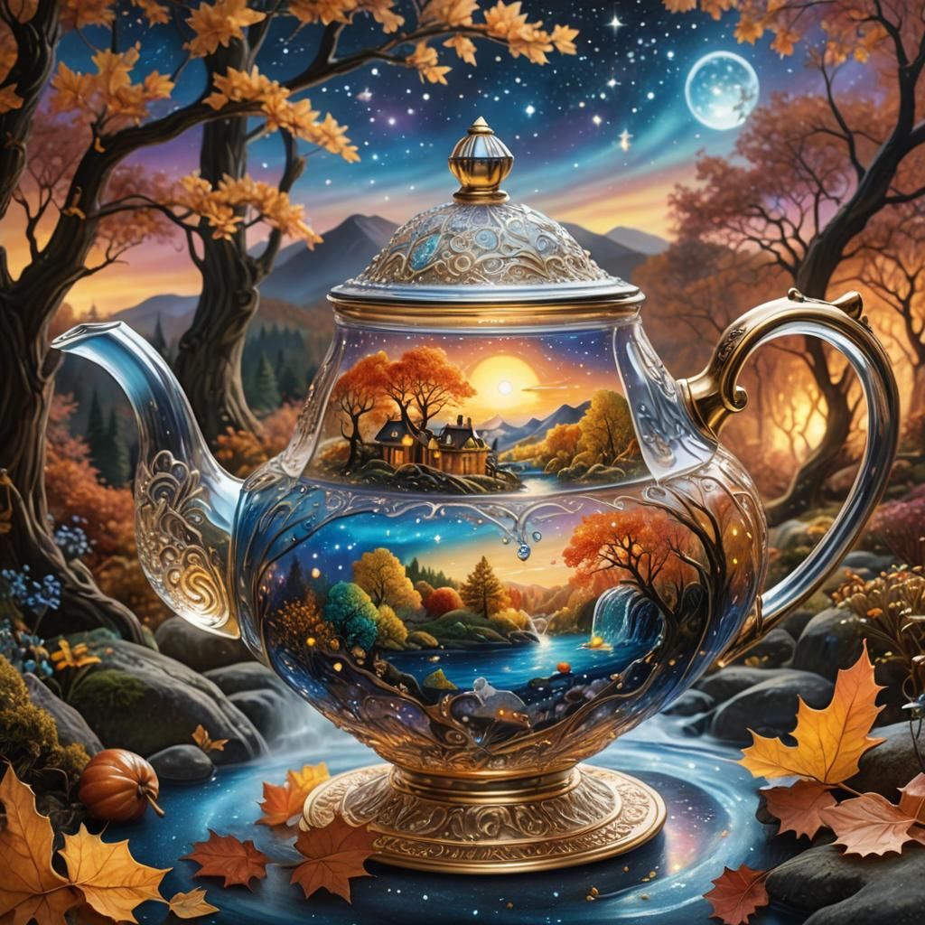 Starlit Autumn Landscape Poured from Crystal Teapot