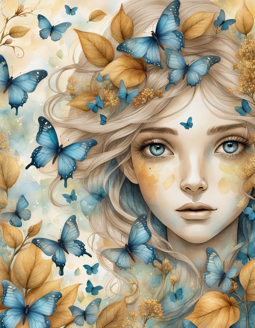 Whimsical Portrait of Girl with Butterflies in Mixed Media