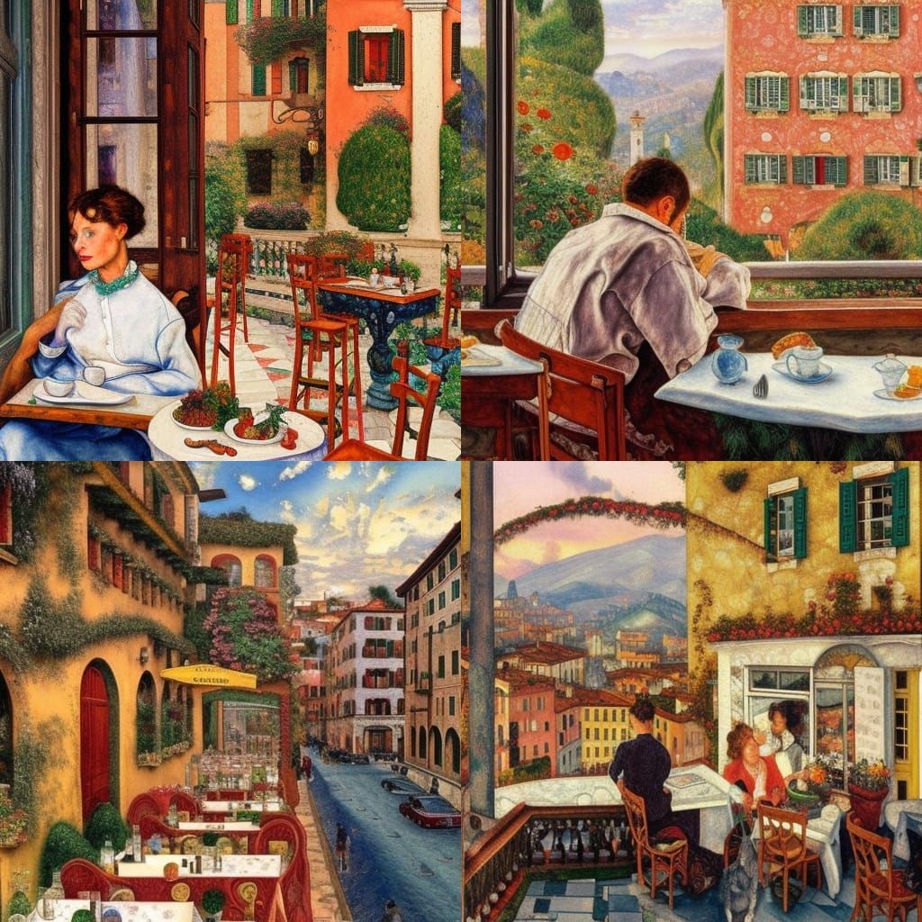 Italian Cafe View in Hyperrealistic Watercolor Style