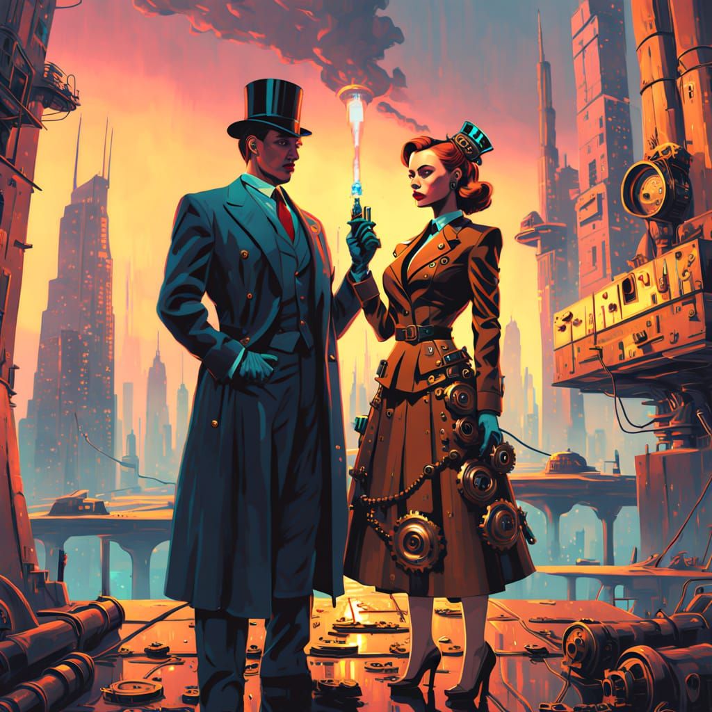 Steampunk Couple Lost in a Surreal Metropolis