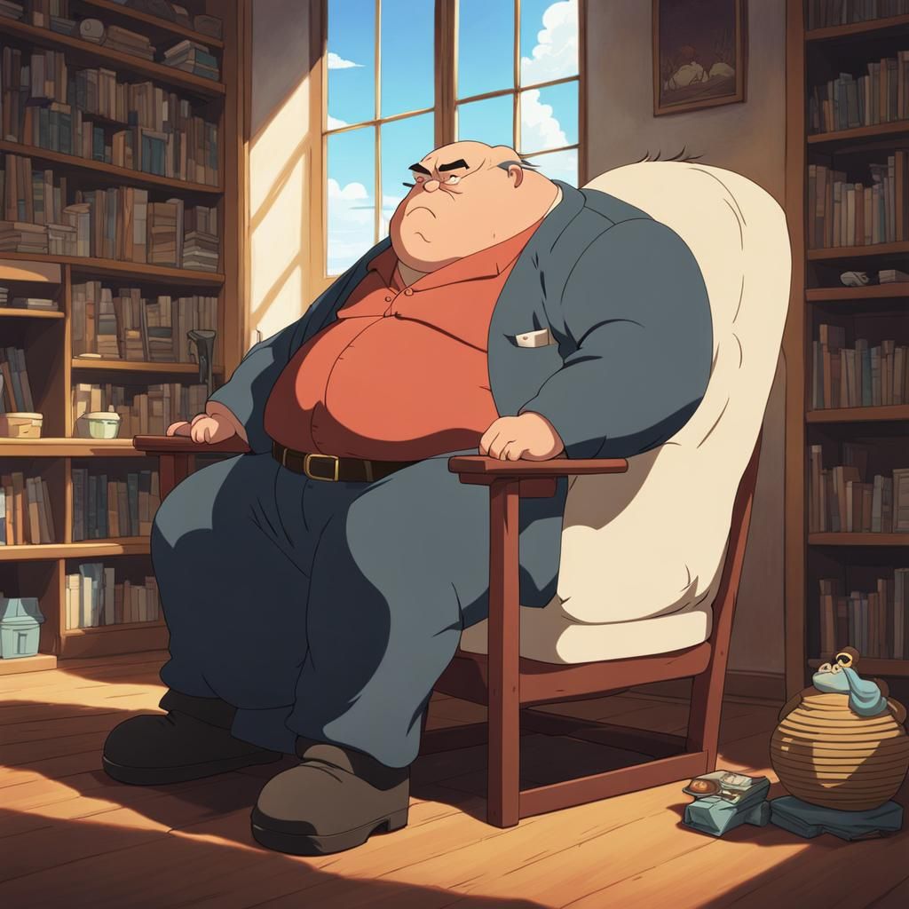 Grumpy Man on Small Chair, Studio Ghibli Anime