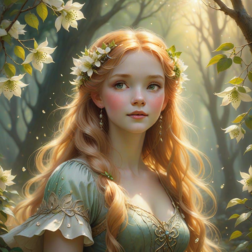 Ethereal Fairy Queen Dancing Under Dogwood Blooms in Fantasy...