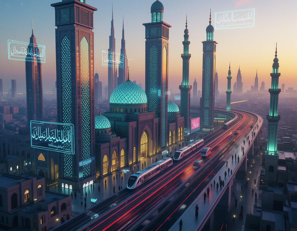 Futuristic Metropolis with Islamic Geometric Patterns