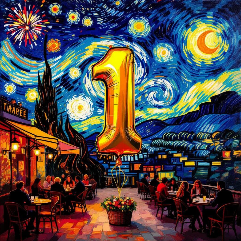 Night Cafe Anniversary Celebration in Art Nouveau Style