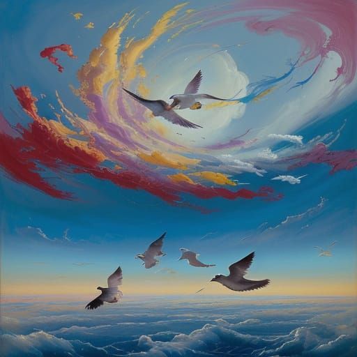 Surreal Moebius-Inspired Action Painting with Doves in Fligh...