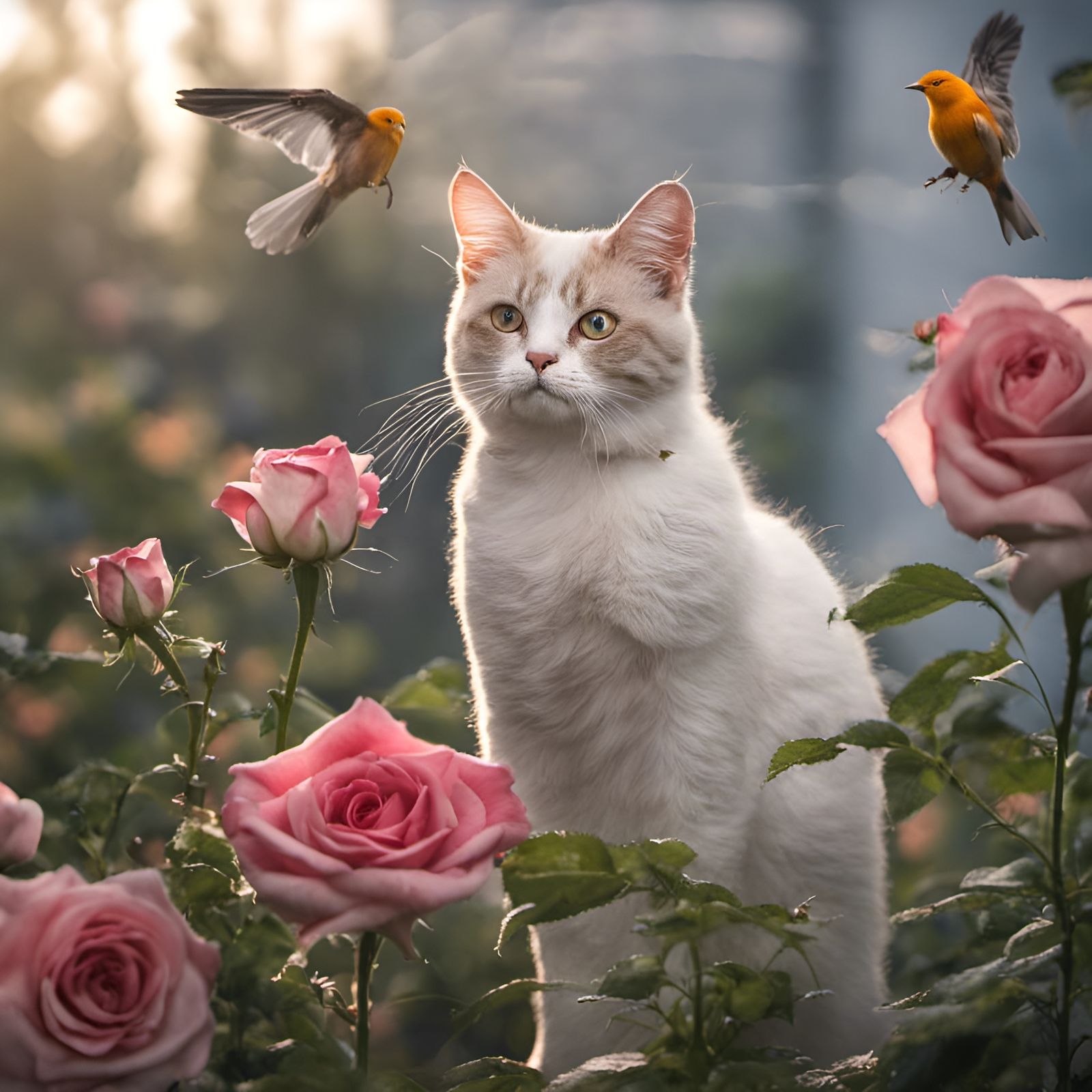 Rose Garden with Cat and Birds in Morning Dew