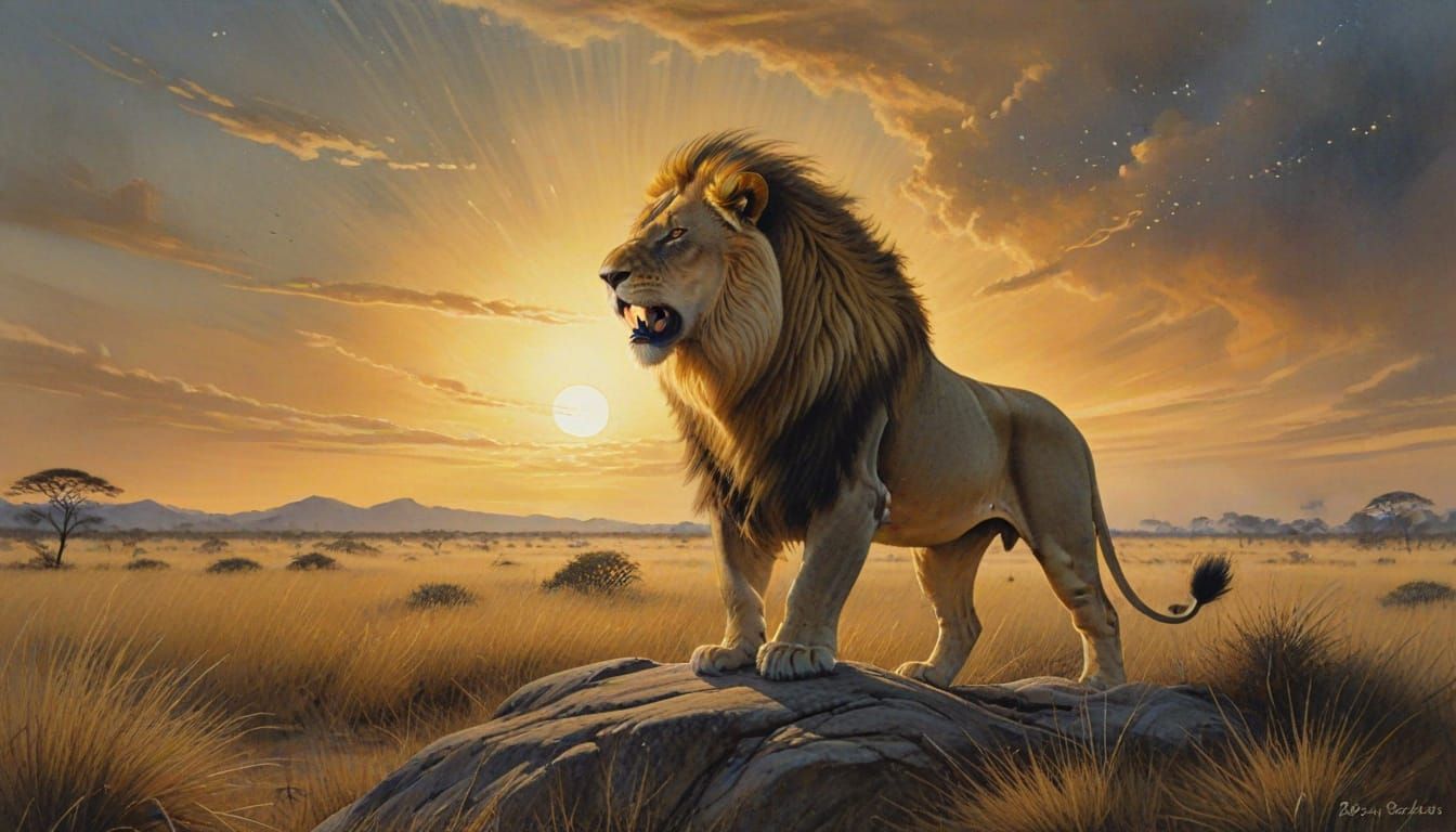 Lion Roaring in Moonlight: Watercolor Painting