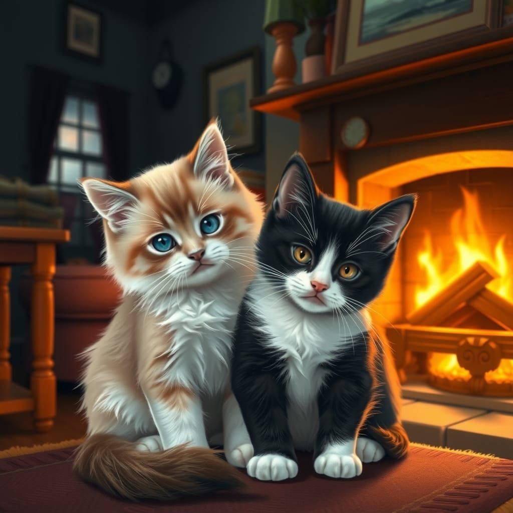 Kittens Cuddling by Fireplace in Storybook Illustration