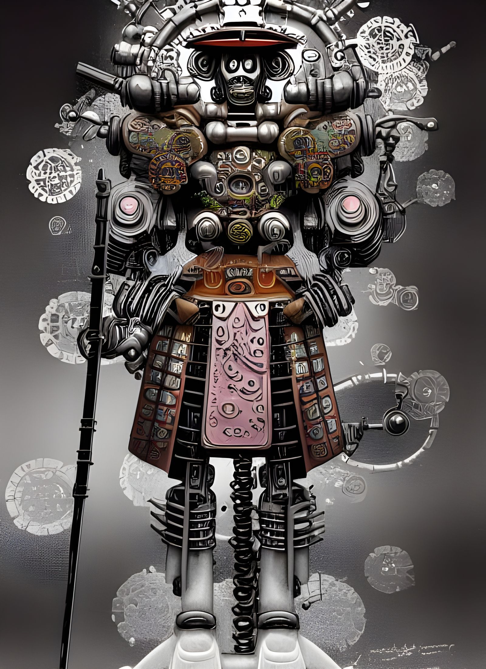 Steampunk Samurai Robot in Neon Japanese Garden