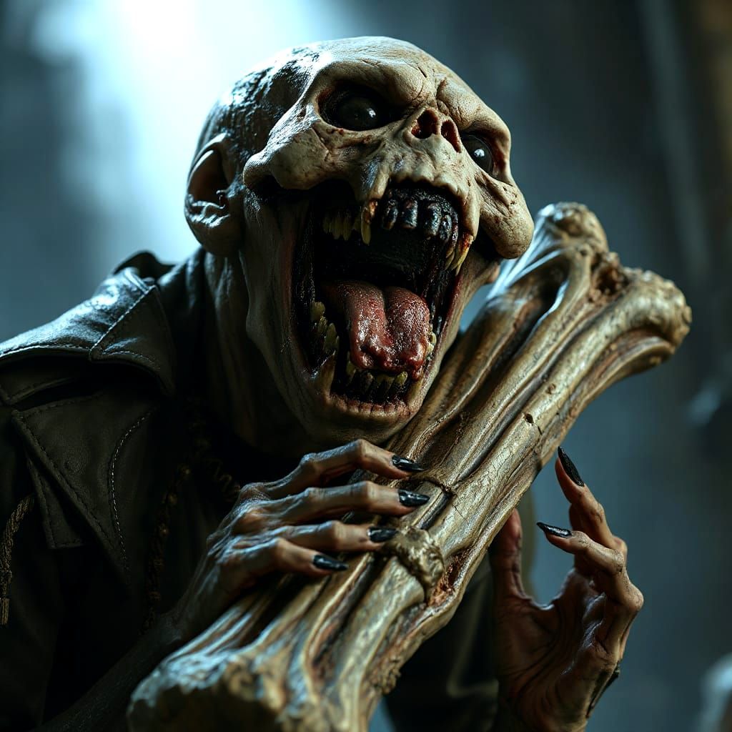 Photorealistic Ghoul Gnawing Bone in Digital Painting