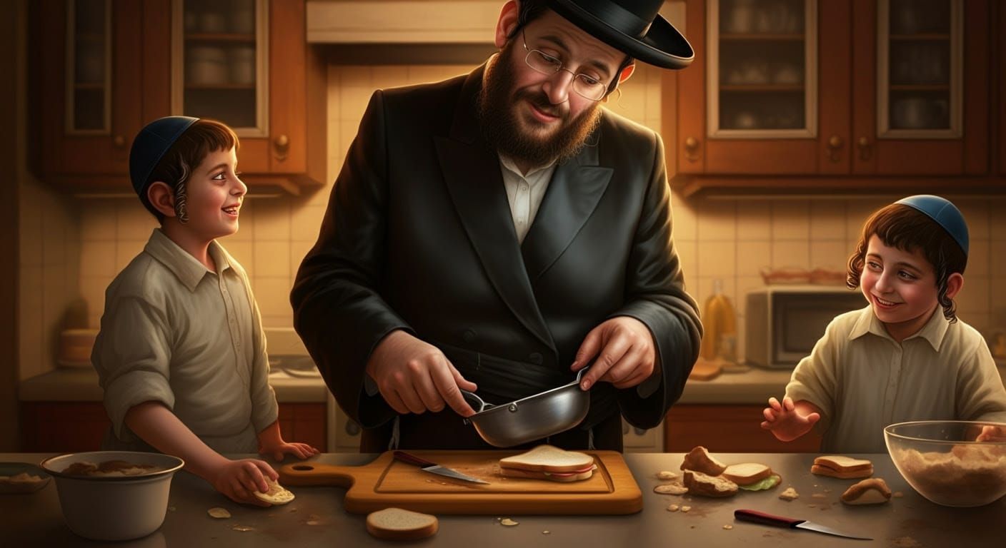 Warmly Comedic Illustration of Hasidic Father Making Sandwic...