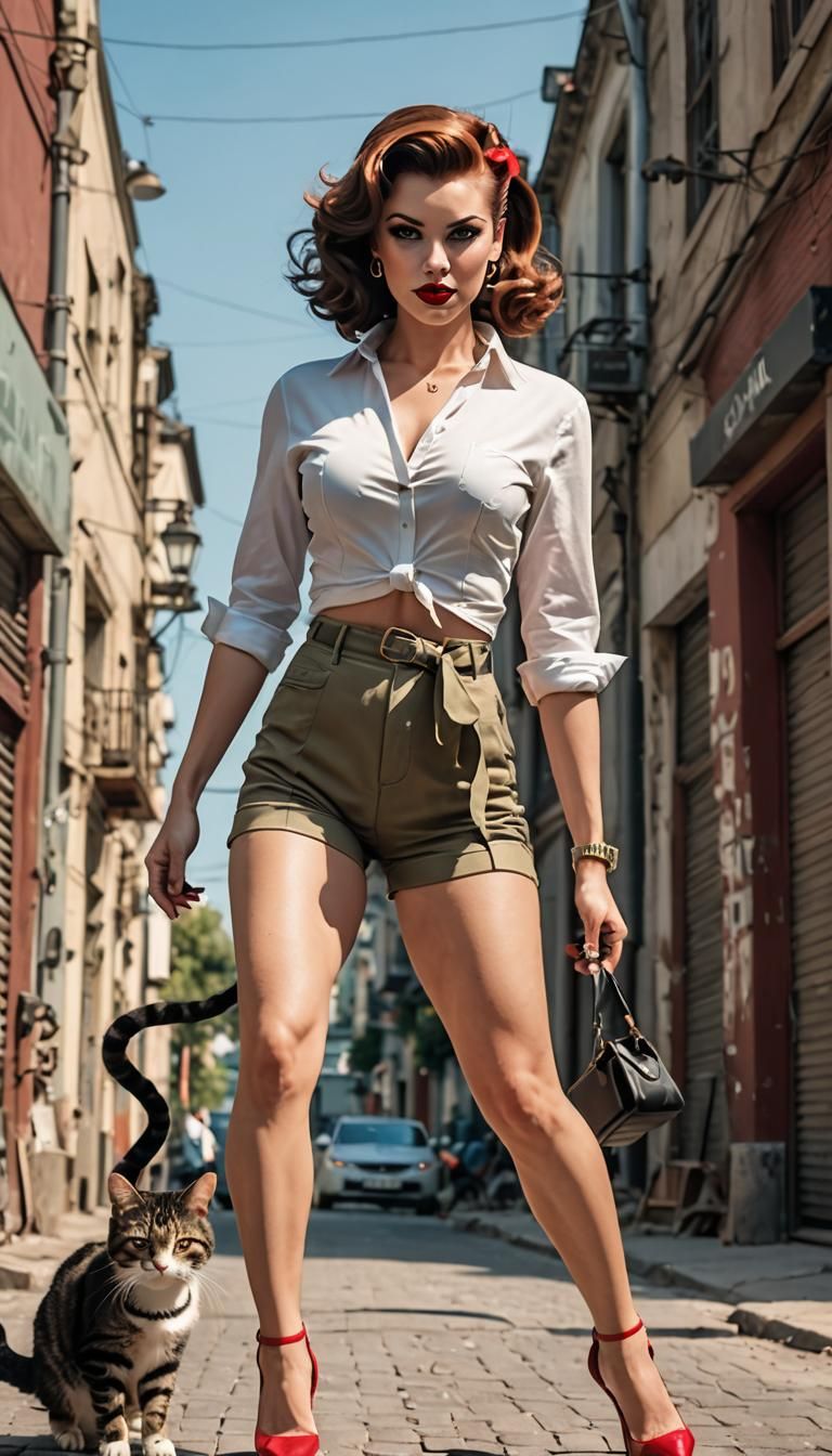 Retro Pinup Girl with Cat in Street Scene