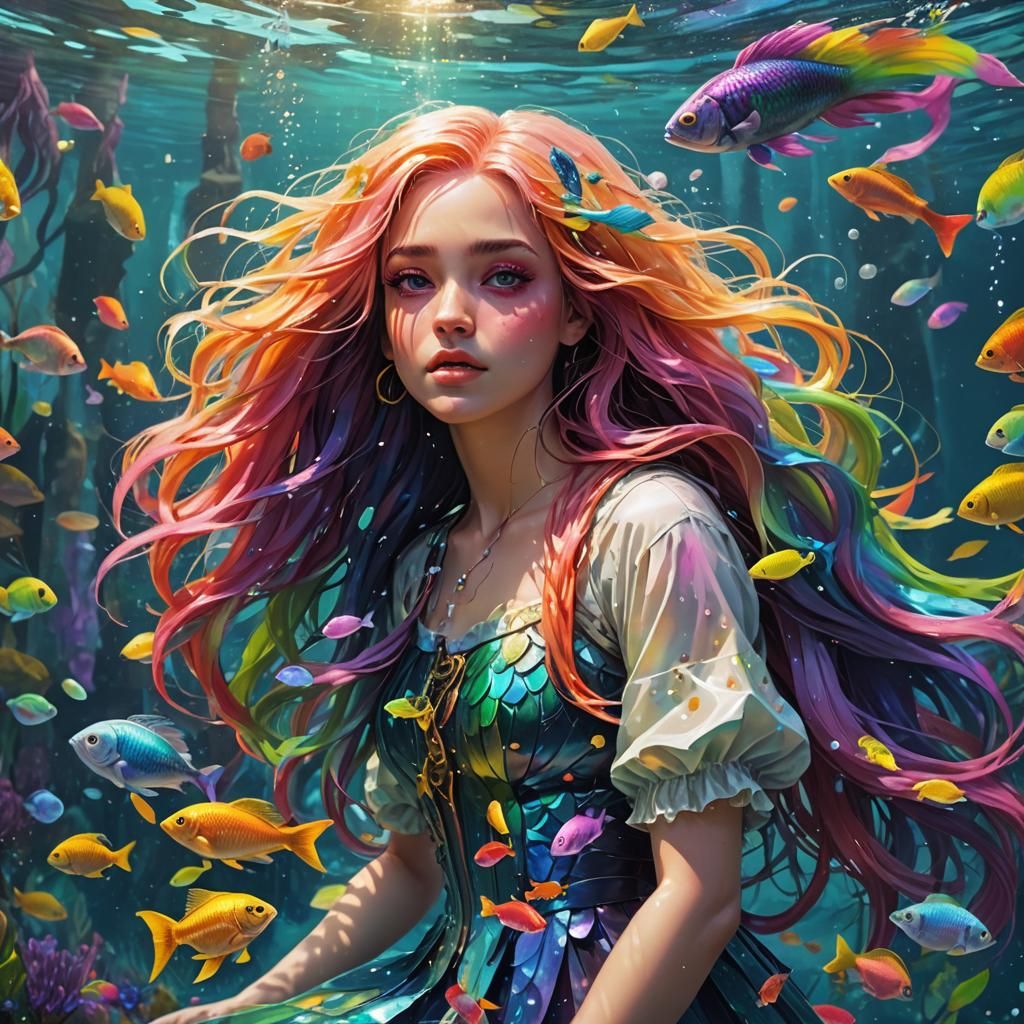 Rainbow-Haired Girl with Parrot Fish in Neo-Impressionist St...