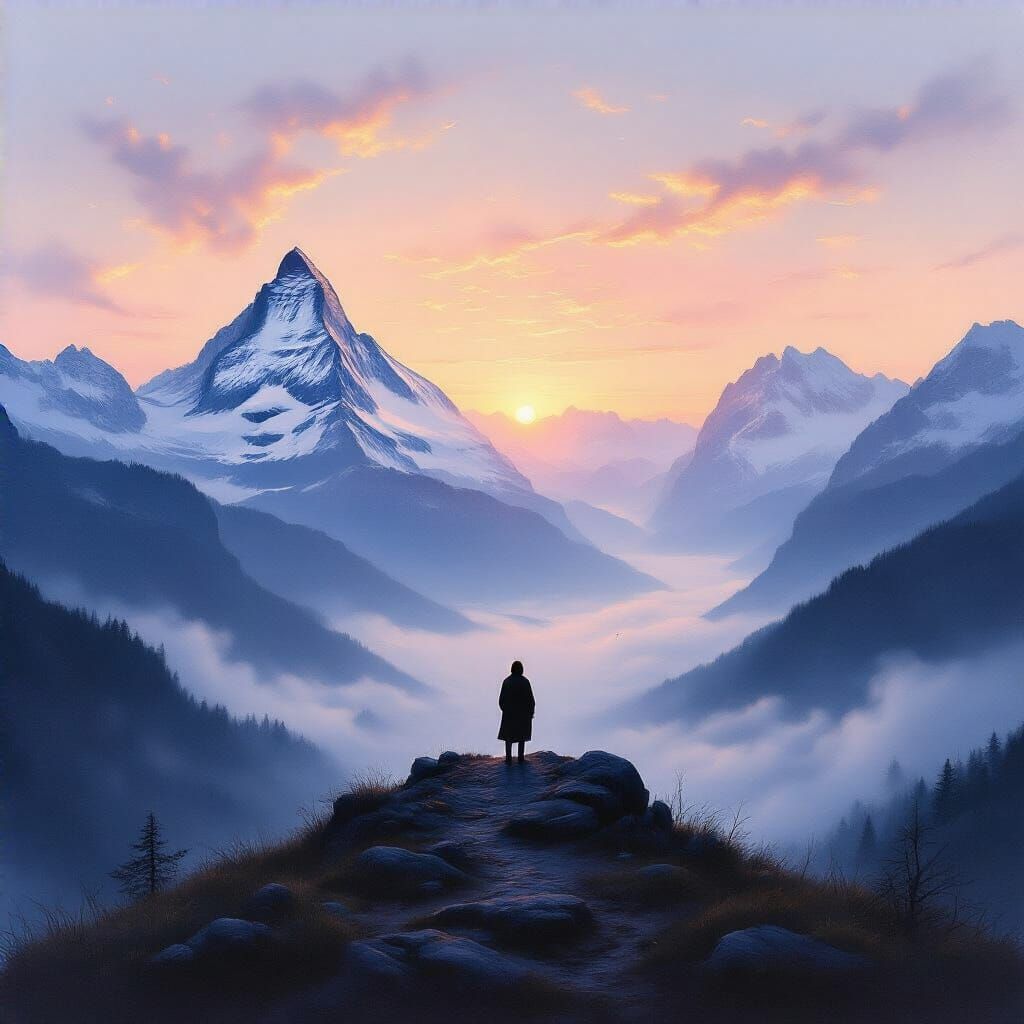 Romantic Alps Twilight View Oil Painting