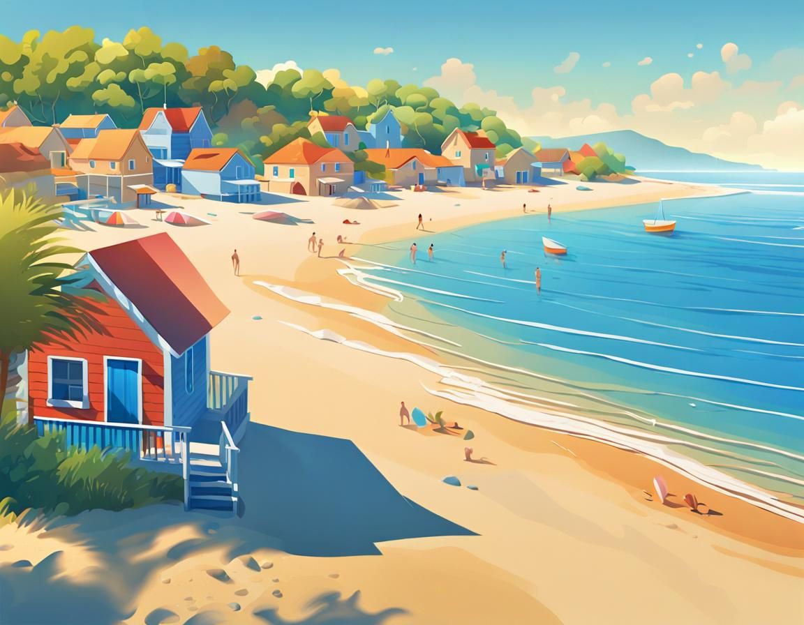 Serene Beach Village in 2D Vector Art